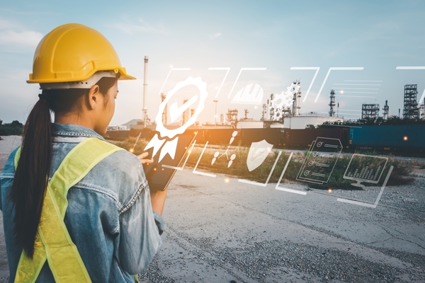 Person with a hard hat and a tablet is looking at an industrial site