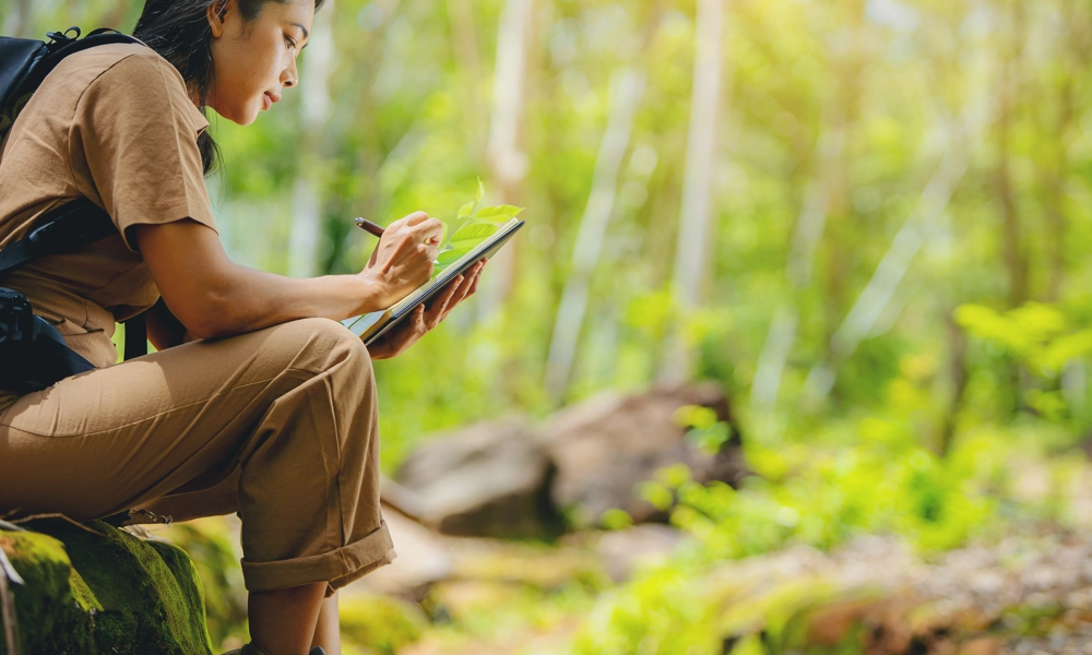 Woman sitting in a forest taking notes