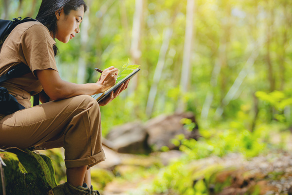 Woman sitting in a forest taking notes