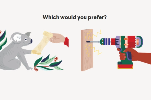 Illustration of a koala with a bandaged paw and a drill with the text 'Which would you prefer'? at the top of the image