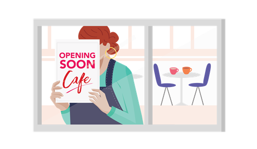 Illustration of woman in cafe holding a sign that says Opening SOON cafe
