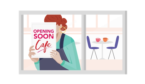 Illustration of woman in cafe holding a sign that says Opening SOON cafe