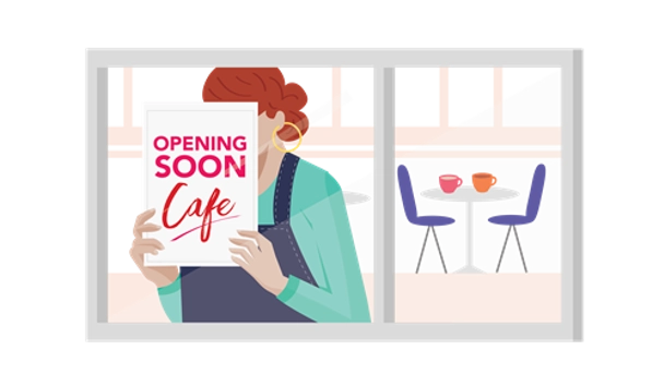 Illustration of woman in cafe holding a sign that says Opening SOON cafe