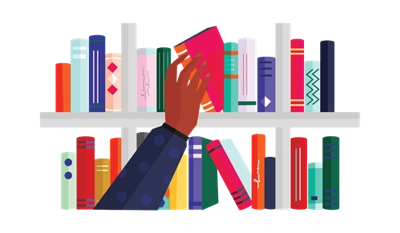 Illustration of hand removing book from book shelf