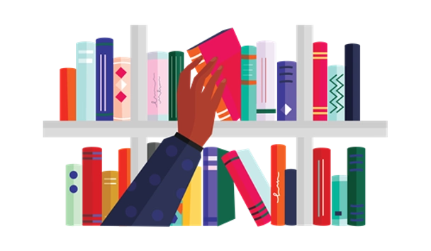 Illustration of hand removing book from book shelf