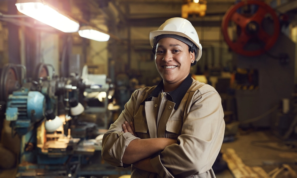 Person with a hard hat is posing in a manufacturing workshop