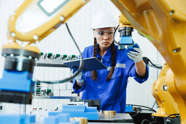 Person with a hard hat is adjusting the robot arm of a machine