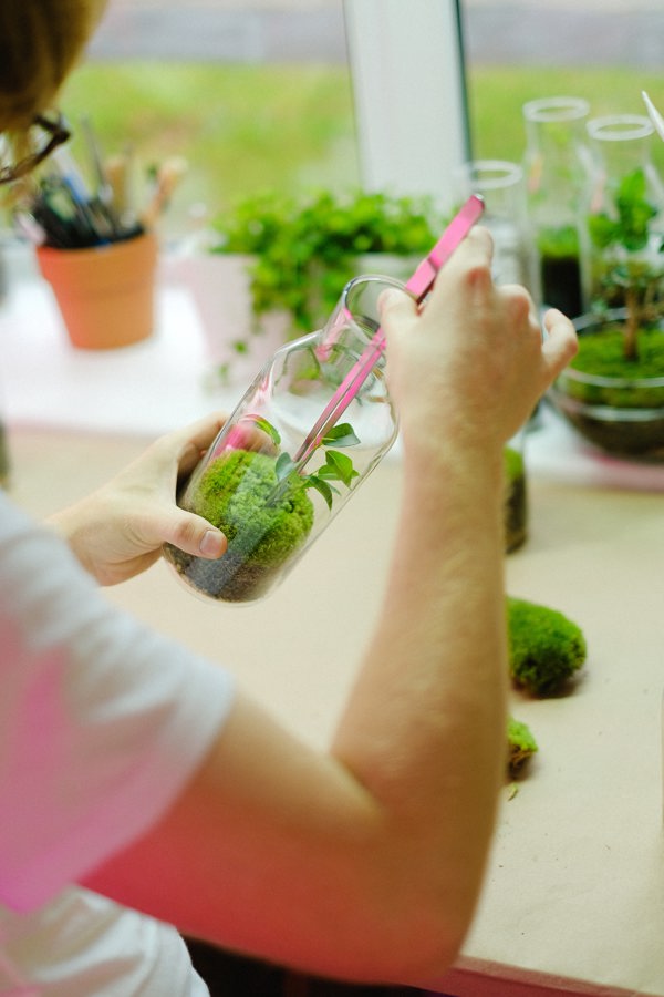 Laboratory worker picking a plant form a glass bottle with tweezers
