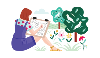 Illustration of woman painting trees, birds and flowers
