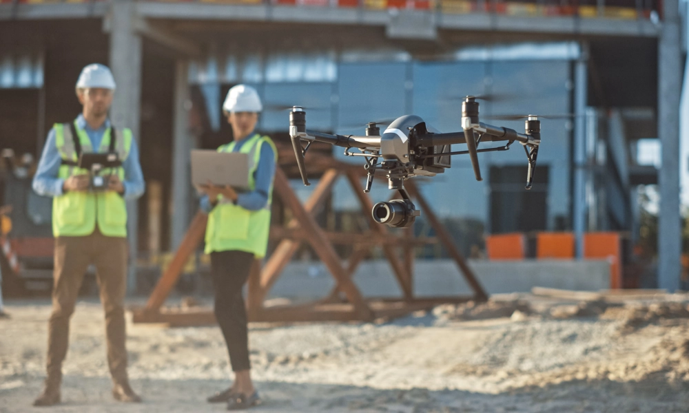 Two people with hard hats flying a drone in a construction site