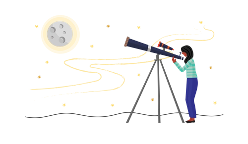 Illustration of woman looking through telescope at moon