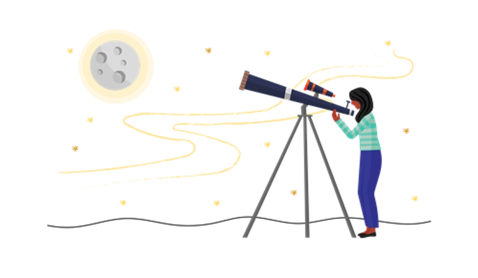 Illustration of woman looking through telescope at moon