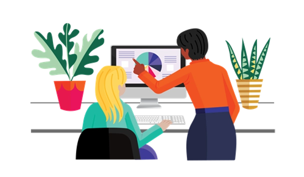 Illustration of two women looking at a graphic on a computer screen