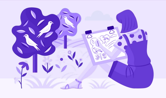 Illustration of woman painting trees, birds and flowers
