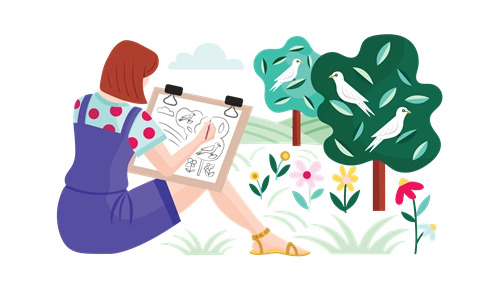 Illustration of woman painting trees, birds and flowers