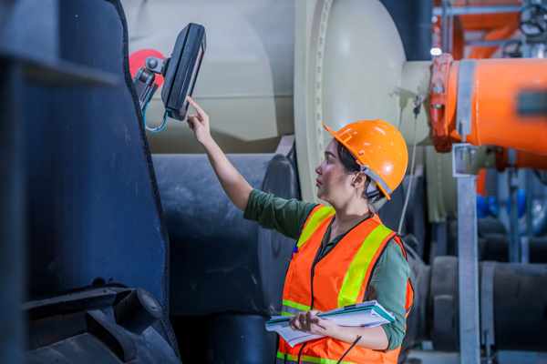 Factory worker touching a screen