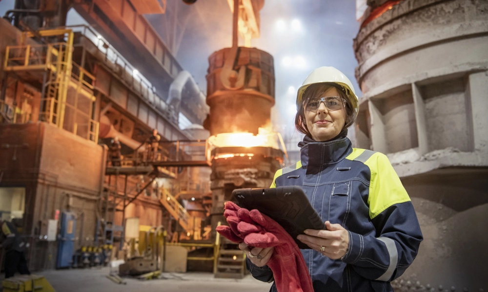 Worker in a hard hat is posing in front of a metal furnace