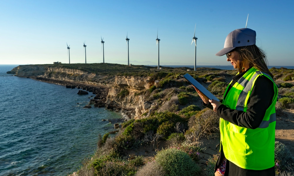Person with a high-vis vest is standing next to wind turbines