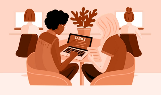 Illustration of two women at table looking at a laptop. Two women on computers and plant in the background